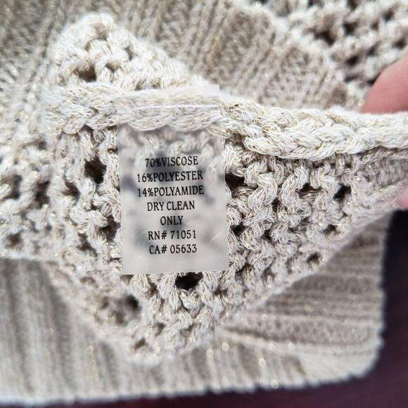 Stone & Sky Open Knit Cardigan Women's Sz L Tan/Gold Button up Long Sleeve - Picture 6 of 10